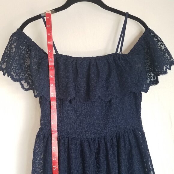 H&M Lace Off Shoulder Midi Dress Navy Blue SIZE 4 Spaghetti Strap Elastic - Picture 13 of 16